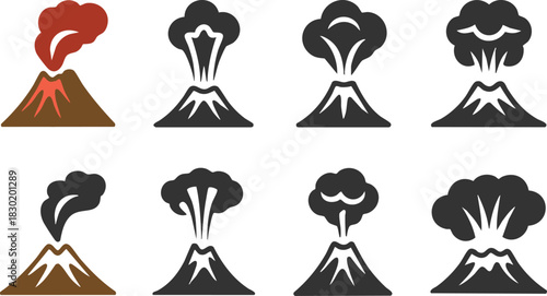 Volcano Eruption Icon Set, Vector Icons of Volcanoes in Various Stages of Eruption, Collection of Volcano Symbols with Smoke and Ash, Volcano Icons, Erupting Volcano Graphic Set, vector.