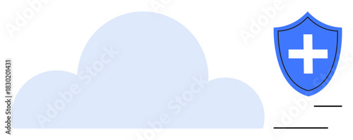 Simplified cloud with a blue shield featuring a medical cross to denote cloud safety. Ideal for healthcare, data security, privacy, IT services, cloud computing, protection, simple flat metaphor