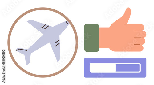 Airplane encircled, hand giving a thumbs up, and progress bar. Ideal for travel, airline approval, logistics, service quality, rating system progress tracking and success communication. Simple flat