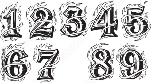 A set of bold numbers from one to nine, illustrated in a black and white vintage tattoo style with flames.
