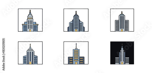 Skyscrapers and city buildings in frames architectural illustrations