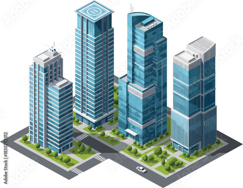 Isometric view of a modern city block featuring a cluster of tall glass skyscrapers and surrounding green spaces