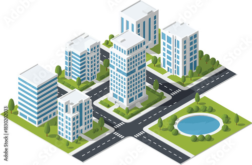 Isometric view of a modern city block with tall residential buildings roads and a small park with a pond
