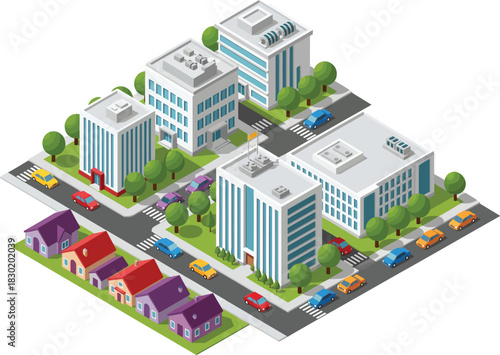 Isometric view of a modern city block featuring tall office buildings residential houses and busy streets with cars