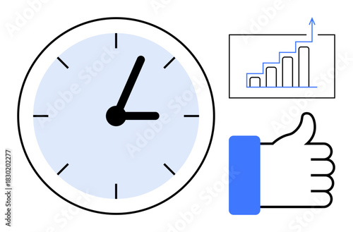 Time management concept. Clock signifies organization, chart shows productivity growth, and thumbs-up s success. Time management improves efficiency, performance, and focus. Ideal for business