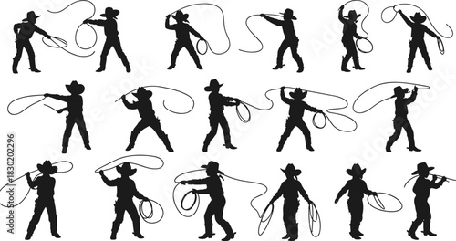 Cowboy silhouettes, lasso performance, western rodeo action, traditional attire, cowboy culture, ranch lifestyle, wild west, cowboy skills, rope tricks, adventure