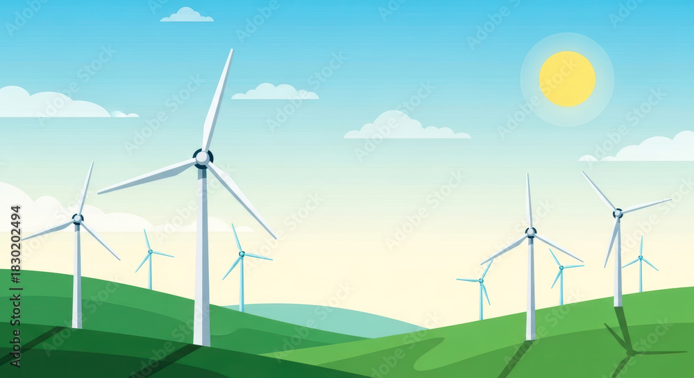Fototapeta premium Digital art flat design illustration of wind turbines creating renewable energy on a sunny day across green rolling hills.