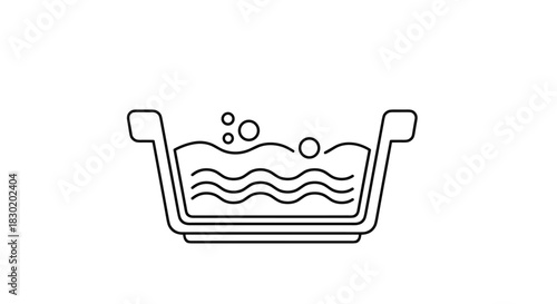 A simple black and white line art icon of a wash basin or tub filled with water, for laundry and cleaning symbols.