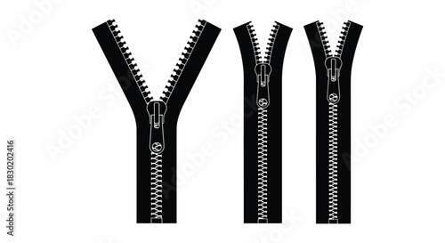 Set of three black and white zipper icons showing open, half-closed, and fully closed positions for clothing and design elements.