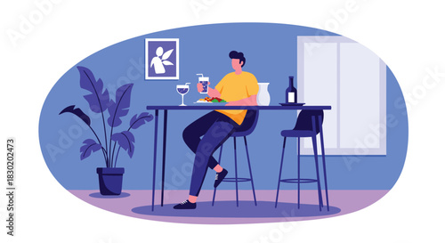 A man enjoying a quiet meal and a drink alone at a high-top table in a modern and stylishly decorated dining room.