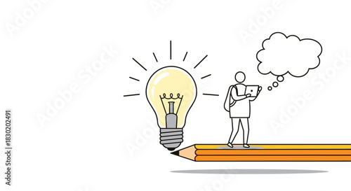 A person with a thought bubble stands on a giant pencil, walking towards a bright lightbulb, symbolizing the journey to a new idea.