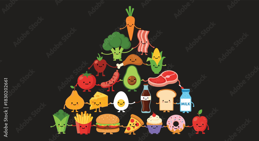 Naklejka premium Cute food pyramid made of kawaii cartoon characters holding hands, representing a balanced diet from healthy to junk food items.