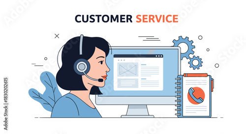 Customer service concept with a female call center agent wearing a headset and microphone working at her computer on a white background.