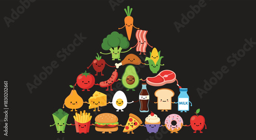 Cute food pyramid made of kawaii cartoon characters holding hands, representing a balanced diet from healthy to junk food items.