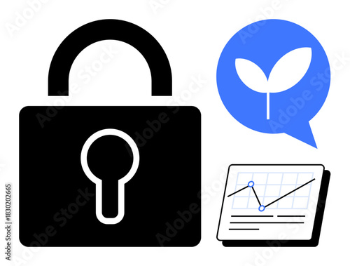 Lock symbol, speech bubble with leaf for sustainability, and graph analytics on a tablet. Ideal for data protection, growth, ecology, innovation, technology, collaboration minimalistic flat metaphor