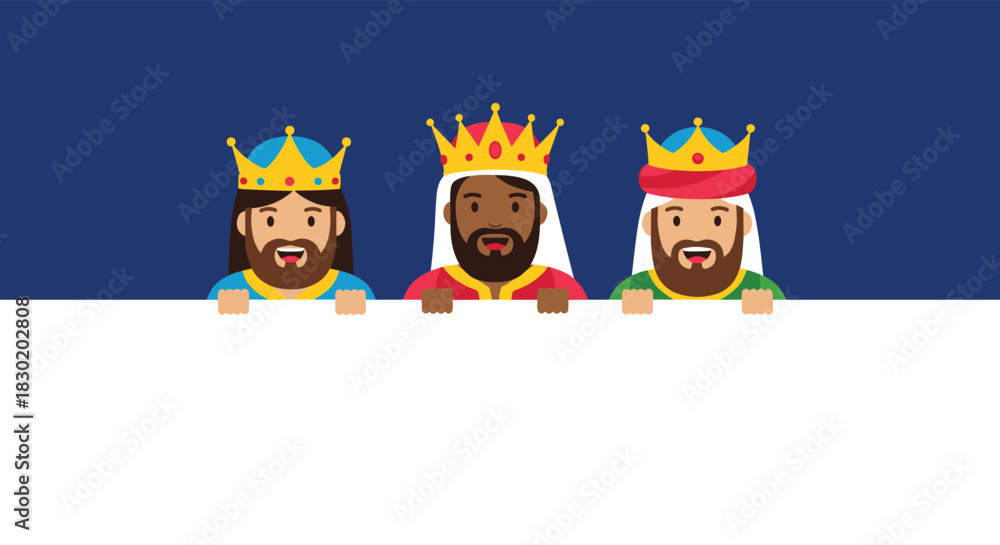 Fototapeta premium Cartoon of the three wise men or magi from the nativity story peeking over a blank white banner against a dark blue background.