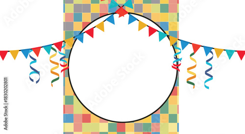 Colorful party celebration frame with a checkered pattern background, bunting flags, and streamers surrounding a blank circular space.