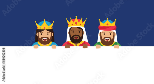 Cartoon of the three wise men or magi from the nativity story peeking over a blank white banner against a dark blue background.