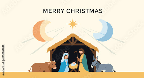 Modern flat illustration of the holy family in a nativity scene with the message 'Merry Christmas' under the star of Bethlehem.