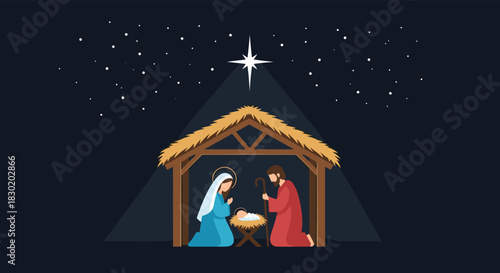 Traditional Christmas nativity scene with Mary, Joseph, and baby Jesus in the manger under the shining star of Bethlehem at night.