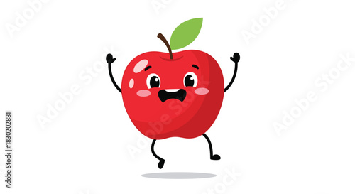 Cute and happy red apple cartoon character with a cheerful face and rosy cheeks, jumping for joy on a white background illustration.
