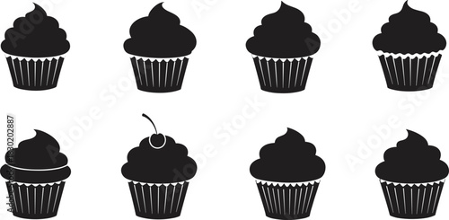 Cupcake silhouette icons, black dessert vector, bakery frosting variations, sweet pastry illustration, muffin graphic design, food pattern, confectionery decoration art set