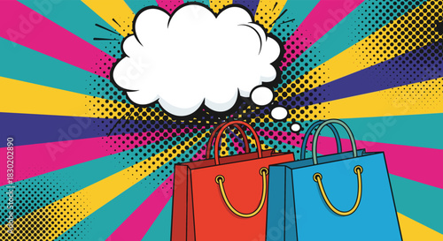 Pop art style illustration of two colorful shopping bags with a blank thought bubble on a retro comic book sunburst background.