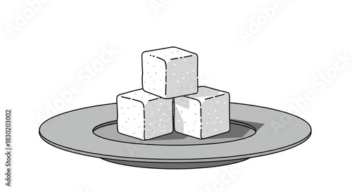 Simple black and white line art illustration of three sugar cubes stacked neatly on a saucer, representing sweetness or calories.