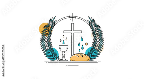 Christian religious symbols for communion including a cross, chalice, bread, and palm branches in a modern line art illustration.