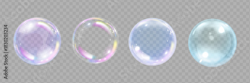 realistic colorful soap bubbles to create a design. Transparent realistic soap bubbles isolated on transparent background.