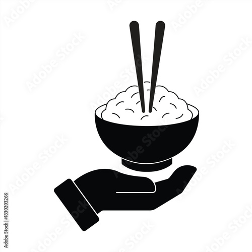 Hand and Rice Bowl with Chopsticks icon, Line Art Drawing isolated on white background, vector illustration