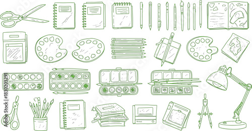 Seamless pattern with art supplies illustration in sketchy doodle style