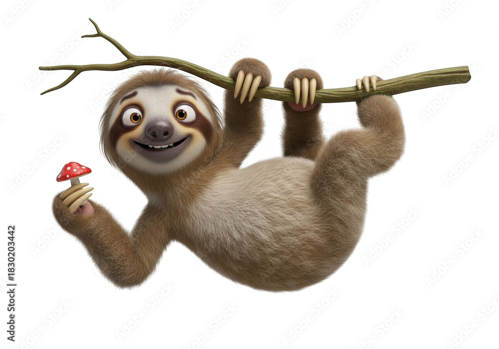 Obraz premium Smiling cartoon sloth hanging from a branch holding a mushroom isolated on transparent background for kids, web, print