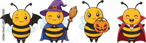 Cute cartoon bees dressed for Halloween, witch bee with broom, vampire bee, bat bee, pumpkin bee, adorable holiday vector illustration