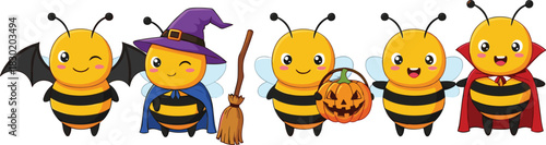 Cute cartoon bees in Halloween costumes, witch bee with broom, vampire bee, bat bee, pumpkin bee, 