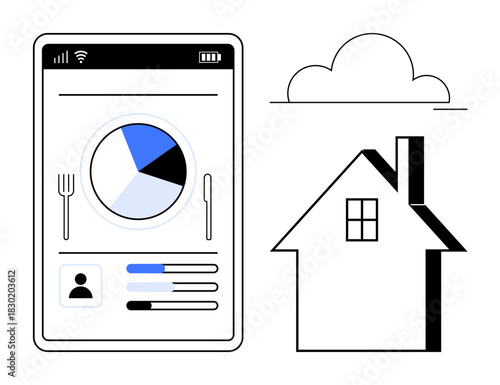 Mobile app screen showing meal plan chart, user profile, and progress tracker next to a house icon and cloud. Ideal for nutrition, health, planning, lifestyle, technology home digital tools. Simple