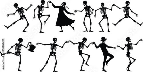 Dancing skeletons, Halloween celebration silhouettes, spooky couple dance, horror themed illustration, skeleton party art, creepy festive decoration, fun skeleton movement vector