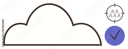 Minimalist cloud shape with a group targeting icon and a checkmark. Ideal for technology, data management, customer targeting, quality control, cloud computing, IT services, simple flat metaphor