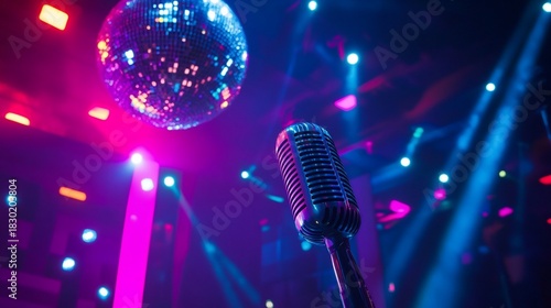 Retro Microphone on Stage with Disco Ball and vibrant Lighting