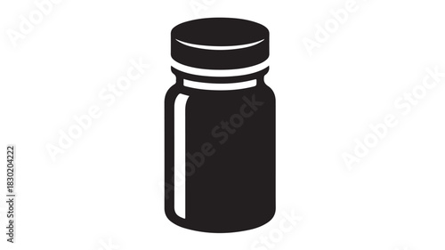 Black and white vector illustration of a pill bottle simple flat design isolated on white background