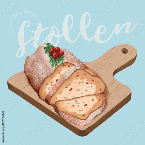 Hand drawn Christmas bread Stollen with cutting board illustration