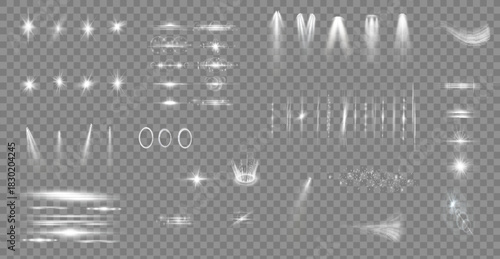 Light effect set. Glow isolated white transparent light effect set, lens flare, explosion, glitter, dust, line, sun flash, spark and stars, spotlight, curve twirl.