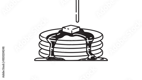 Stack of pancakes with butter and syrup simple line drawing illustration for breakfast menus isolated on white background