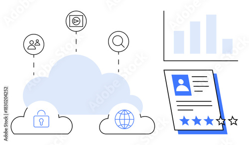 Cloud system connecting to profiles, analytics, search, media, global access, and security. Ideal for technology, data sharing, recruitment analytics collaboration digital transformation privacy
