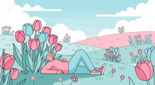 Relaxing spring day: Person immersed in a tulip field enjoying the nature