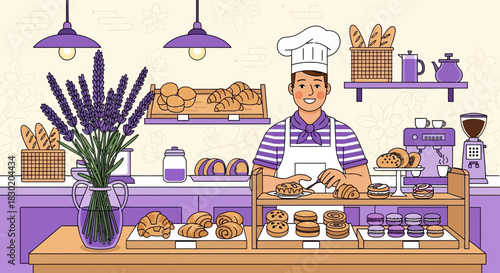 Illustrative bakery scene with a friendly baker surrounded by delectable pastries