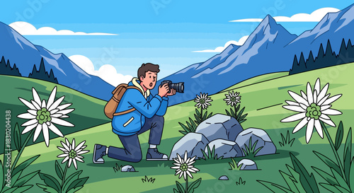 Enthusiastic photographer capturing alpine edelweiss amidst majestic mountain backdrop