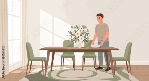 Man setting the table in a minimalistic dining room ready for a meal