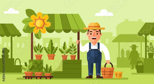 Lively gardener at flower market selling various potted plants illustration
