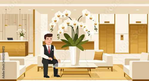 Elegant hotel lobby interior with concierge, orchid centerpiece and minimalist design